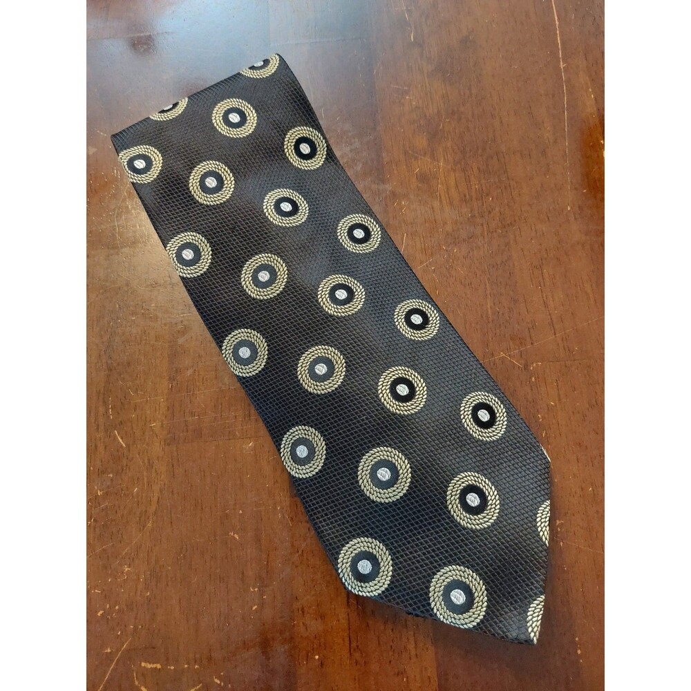 Handmade In Italy For America Black Pale Gold Rope Medallion Print Silk Tie